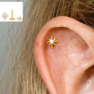 Diamond Sun 18G Internal Threaded Flat Back Labret, Cartilage Earrings, Tragus Stud, Helix Stud,  925 Sterling Silver, Minimalist