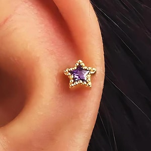 AmethystTiny Star Flat Back Labret, Cartilage Earrings, Tragus Stud, Helix Stud, Flat Back Stud, 925 Sterling Silver, Minimalist Earring