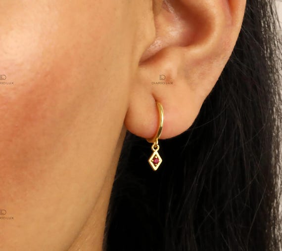 Ruby Huggie Hoop Earrings: 925 Sterling Silver CZ Dangle