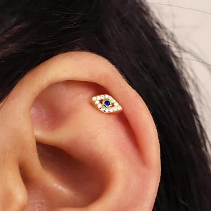 Evil Eyes Threadless Push Pin, Cartilage Earrings, Tragus Stud, Helix Stud, Flat Back Stud, Sterling Silver, Minimalist Earring