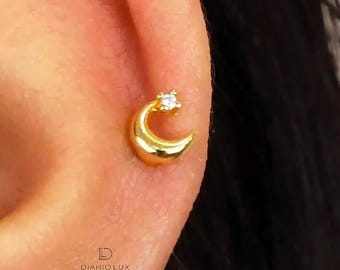Maankraakbeenoorbel: 18G vergulde sterlingzilveren tragus, helix, lob, schelpknop