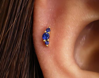Sapphire Climber Earring: 18G Sterling Silver Helix Tragus  lobe rook daith conch