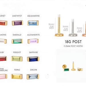 12 Birthstone Baguette Flat Back Labret, Cartilage Earrings, Tragus Stud, Helix Stud, Stud, 925 Sterling Silver, Minimalist Earring
