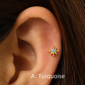 Türkis 18G Innengewinde Labret mit flacher Rückseite, Knorpelohrringe, Tragus Bolzen, Helix Ohrstecker, flache Rückseite, 925 Sterling Silber, Minimalist