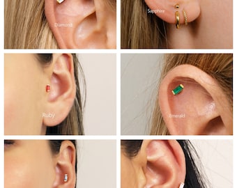 6 beautiful baguette threadless Push Pin, Cartilage Earrings, Tragus, Helix Stud, Flat Back Stud, 925 Silver, Minimalist Earring