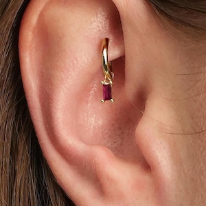 18G Ruby Baguette Cartilage Hoop Earring • tiny gold cartilage hoop • baguette stones • silver hoop • rook earrings
