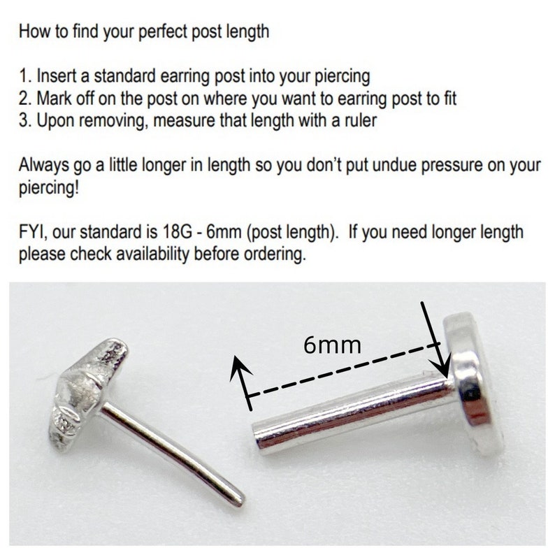 May include: Close-up of two earring posts, one with a decorative top and the other with a plain top. The post length is 6mm, as indicated by the dashed line and text.  The text "How to find your perfect post length" is visible at the top of the image.
