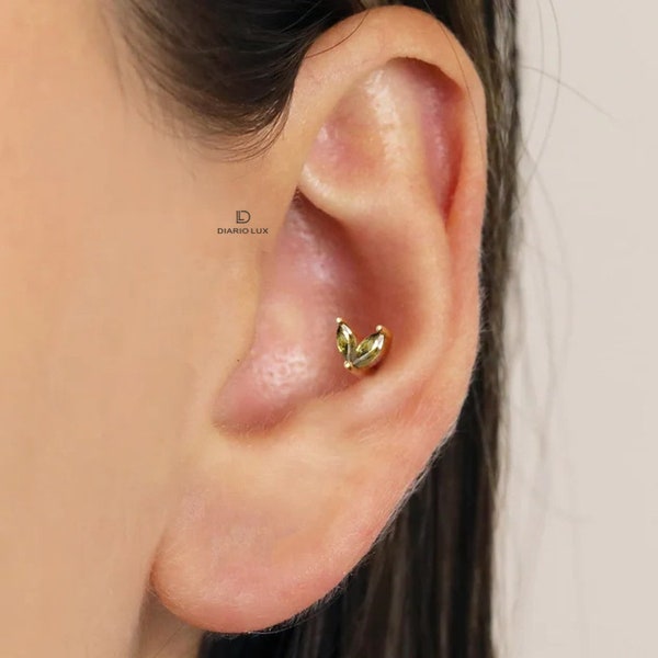Peridot Marquise Flower Threadless Push Pin, Cartilage Earrings, Tragus, Helix Stud, Flat Back Stud, 925 Sterling Silver, Minimalist Earring
