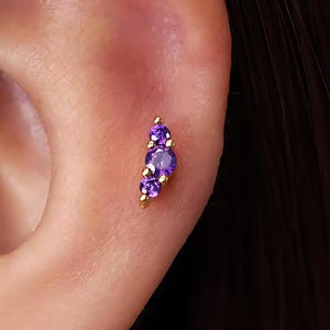 Amethyst Climber Flat Back Labret, Cartilage Earrings, Tragus Stud, Helix Stud, Flat Back Stud, 925 Sterling Silver, Dainty Minimalist