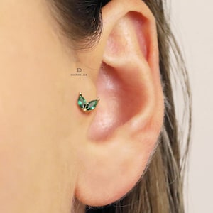 Emerald Marquise Flower Threadless Push Pin, Cartilage Earrings, Tragus, Helix Stud, Flat Back Stud, 925 Sterling Silver, Minimalist Earring