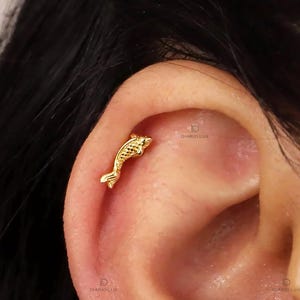 Koi Fish Climber Flat Back Labret, Cartilage Earrings, Tragus Stud, Helix Stud, Flat Back Stud, 925 Sterling Silver