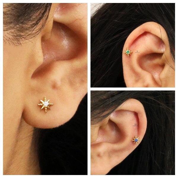 3 Labret de espalda plana de estrella popular, pendientes de cartílago, perno de tragus, perno de hélice, perno de espalda plana, plata de ley 925, pendiente minimalista delicado