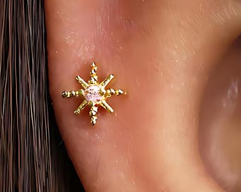 Pink Tourmaline Sunburst Cartilage Stud: 925 Sterling Silver Helix lobe rook daith conch