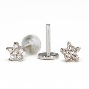 May include: A silver star-shaped stud earring with clear cubic zirconia stones.