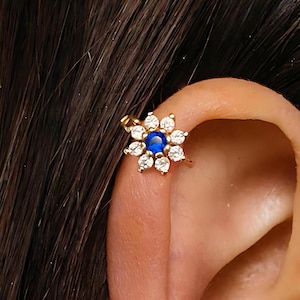 18G sapphire stone Flower Cartilage Hoop Earring • flower upper helix earring • lobe earrings • tragus earrings • ear stack • minimalist