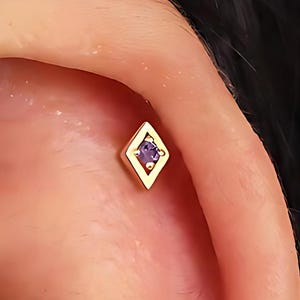 Amethyst 18G Internal Threaded Flat Back Labret, Cartilage Earrings,Tragus Stud, Helix Stud,, 925 Sterling Silver, Minimalist Earring