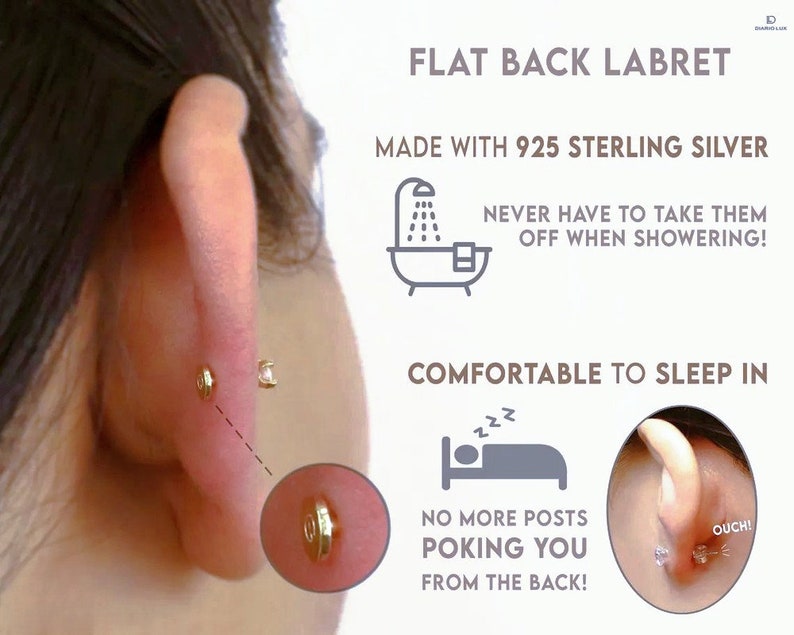 May include: A gold-toned flat back labret earring made with 925 sterling silver. The text reads: FLAT BACK LABRET, MADE WITH 925 STERLING SILVER, NEVER HAVE TO TAKE THEM OFF WHEN SHOWERING!, COMFORTABLE TO SLEEP IN, NO MORE POSTS POKING YOU FROM THE BACK!