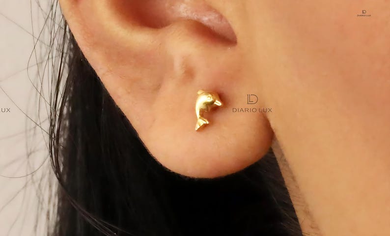 May include: Gold dolphin stud earrings. The earrings are small and delicate, and the dolphin is facing to the right.