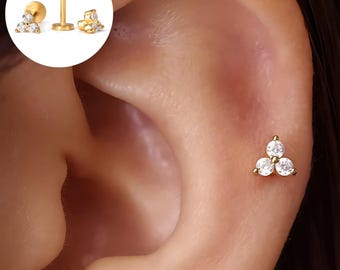 Flower Petal Labret: 18G Gold Sterling Silver Tragus Cartilage CZ , lobe, helix  non tarnish