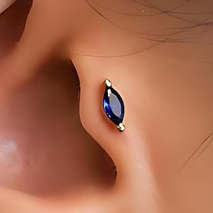 Sapphire Marquise 18G Internal Threaded Flat Back Labret, Cartilage Earrings, Tragus Stud, Helix Stud, 925 Sterling Silver, Minimalist