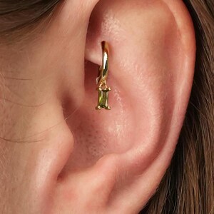 18G Peridot Baguette Cartilage Hoop Earring • tiny gold cartilage hoop • baguette stones • silver hoop • rook earrings