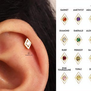 12 Birthstone Flat Back Labret, Cartilage Earrings, Tragus Stud, Helix Stud, Stud, 925 Sterling Silver, Minimalist Earring