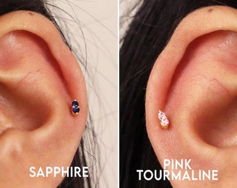 12 Twin stones  Flat Back Labret, Cartilage Earrings, Tragus Stud, Helix Stud, Stud, 925 Sterling Silver, Minimalist Earring