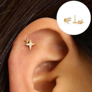 Twin Stars Flat Back Labret, Cartilage Earrings, Tragus Stud, Helix Stud, Flat Back Stud, 925 Sterling Silver, Dainty Minimalist Earring
