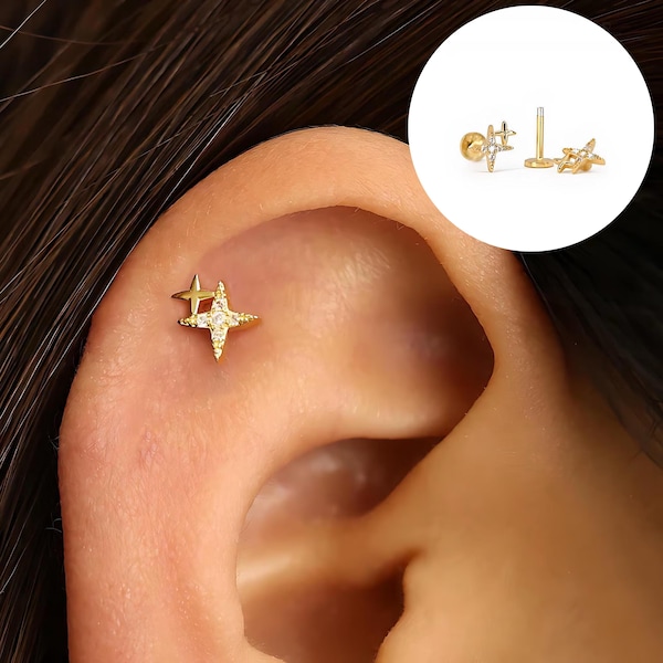 Dainty Twin Stars Sterling Silver Labret: Tragus,helix, Lobe, conch Cartilage stud