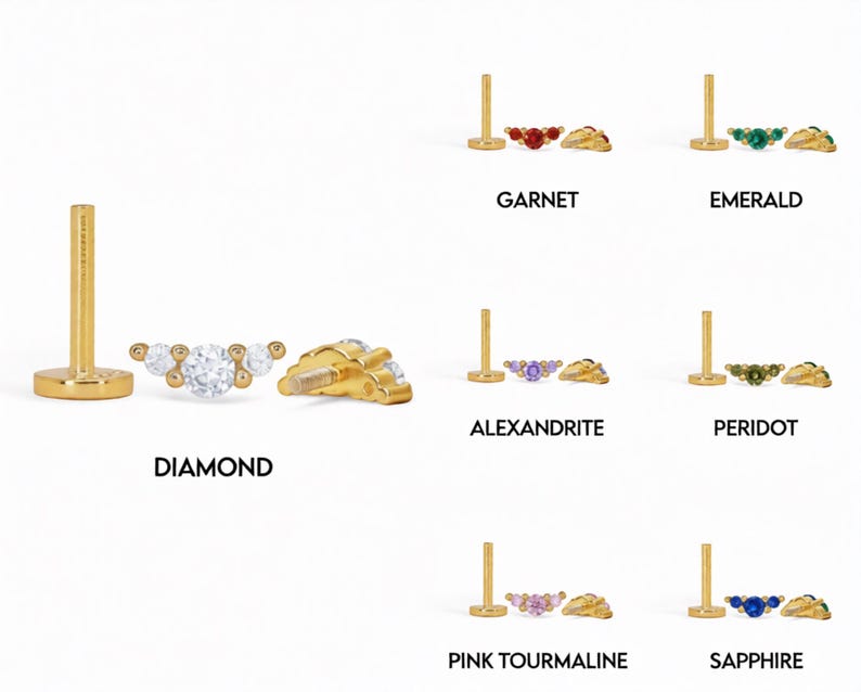 Op de afbeelding: Een gouden labret-piercing met platte achterkant en een gebogen topje met drie stenen. De set toont verschillende edelsteenopties met de labels Diamond, Garnet, Emerald, Alexandrite, Peridot, Pink Tourmaline en Sapphire, elk met een bijpassende stift.