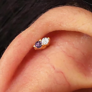 Amethyst Mismatched double stones style Flat Back Labret, Cartilage Earrings, Tragus Stud, Helix Stud, Stud, 925 Sterling Silver,