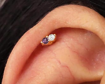 Amethyst Mismatched Sterling Silver Cartilage, Lobe, conch, helix, tragus, Flat Back Labret