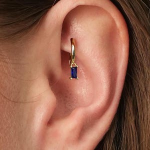18G Sapphire Baguette Cartilage Hoop Earring • tiny gold cartilage hoop • baguette stones • silver hoop • rook earrings