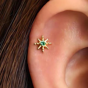Emerald Sun 18G Internal Threaded Flat Back Labret, Cartilage Earrings, Tragus Stud, Helix Stud,  925 Sterling Silver, Minimalist earrings