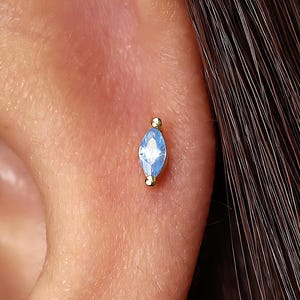 Aquamarine 18G Marquise Internal Threaded Flat Back Labret, Cartilage Earrings, Tragus diath Stud, Helix Stud,Sterling Silver, Minimalist
