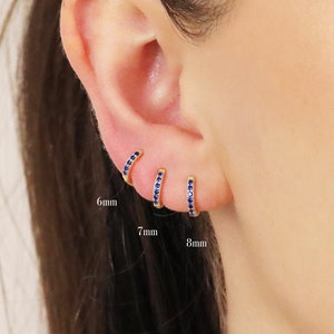 Sapphire Huggie Hoop Earrings; 925 sterling silver, CZs paved, lobe, helix, cartilgate, rook, minimalist, gift, 18G post, non-tarnish