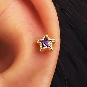 AmethystTiny Star Flat Back Labret, Cartilage Earrings, Tragus Stud, Helix Stud, Flat Back Stud, 925 Sterling Silver, Minimalist Earring