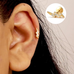 Tiny Lighting flash Flat Back Labret, Cartilage Earrings, Tragus Stud, Helix Stud, Flat Back Stud, 925 Sterling Silver, Minimalist Earring