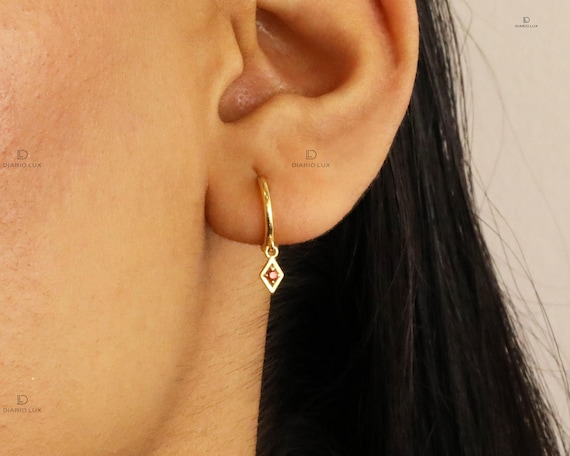 Garnet Huggie Hoop Earrings: Sterling Silver CZ Dangle, Non-Tarnish