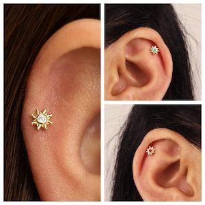 Sonne Labret, Knorpel Ohrringe, Tragus Ohrstecker, Helix Ohrstecker, flache Rückseite Ohrstecker, 925 Sterling Silber, zierliche minimalistische Ohrringe Bild 1