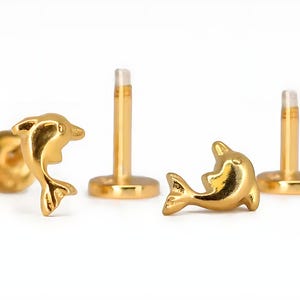May include: Two gold dolphin stud earrings with a post and a flat back. The dolphins are facing the same direction and are in a jumping pose.