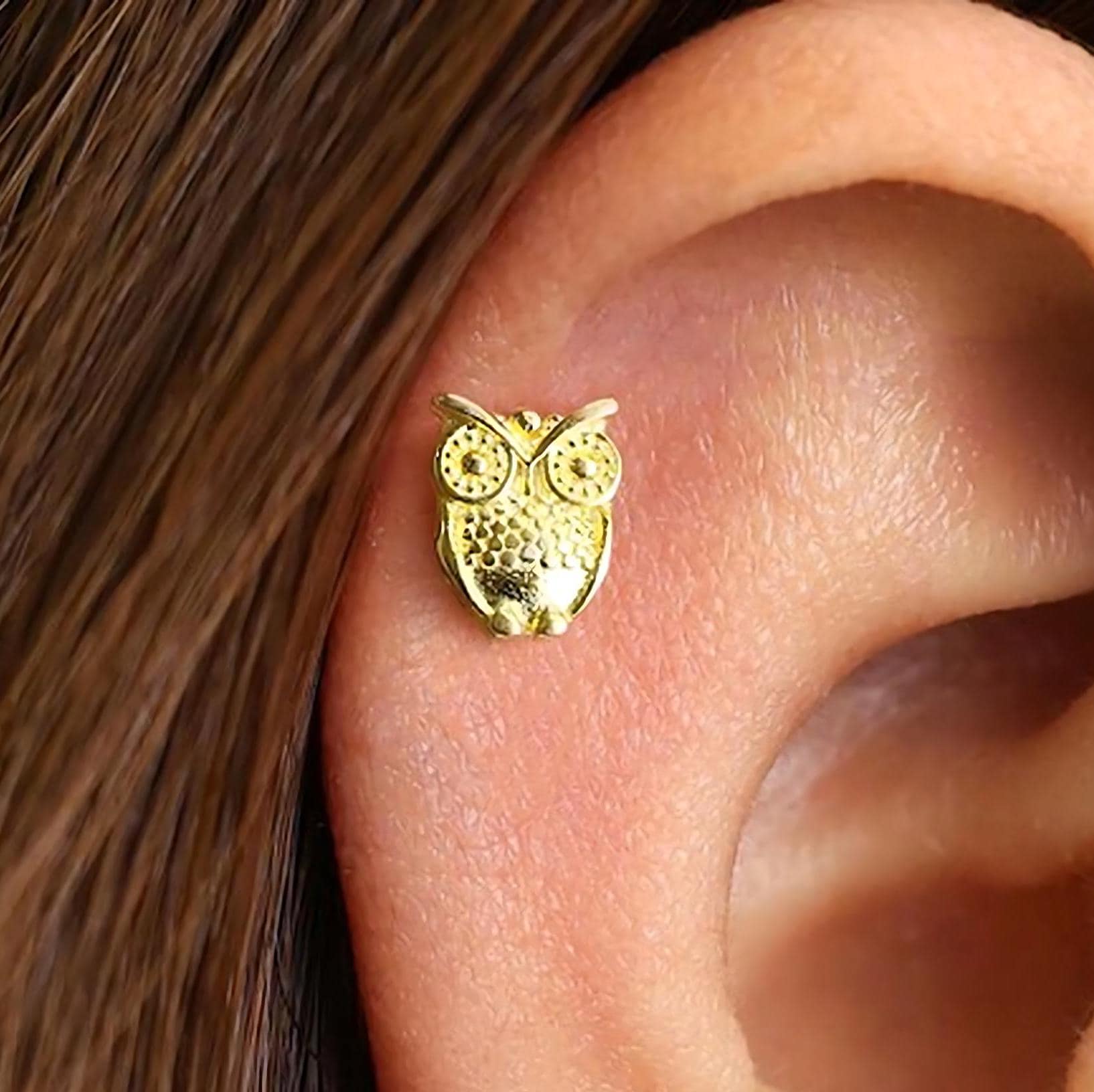 Owl Flat Back Labret, Cartilage Earrings, Tragus Stud, Helix Stud, Flat Back Stud, 925 Sterling Silv