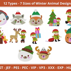 12 Types - Christmas Winter Animals Embroidery Design - Machine Embroidery Pattern - 7 Size, Instant Download