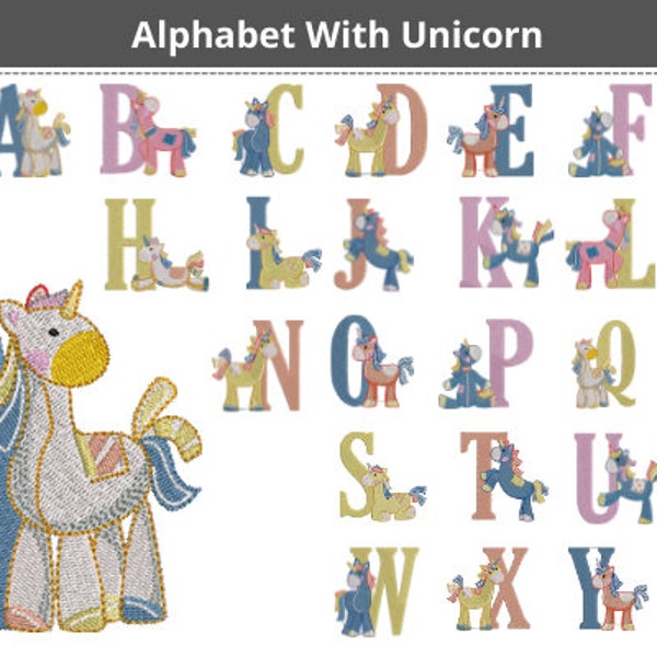 26 Types Alphabet With Unicorn Embroidery Design - Font-Monograms-Machine Embroidery Pattern – 1 Size , Instant Download