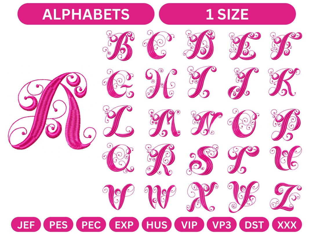 Elegant Swirl Script Alphabet Embroidery Design | Pink Monogram Font ...
