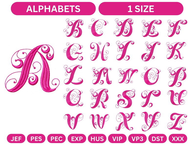 Elegant Swirl Script Alphabet Embroidery Design | Pink Monogram Font ...