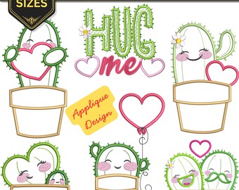 Cactus Applique machine embroidery Design Bundle, Valentine Hug Me design - 4 Sizes,