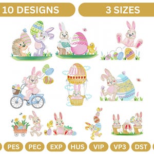 Può includere: Dieci disegni di coniglietti di Pasqua in tre dimensioni. I disegni mostrano coniglietti che tengono le uova, vanno in bicicletta e volano in mongolfiera. I disegni sono perfetti per ricamo, applicazioni e altri lavori manuali.