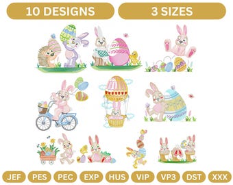 Easter Bunny & Egg Embroidery Designs - Adorable collection of 10 bunny and egg-themed embroidery patterns– 10 Cute Patterns in 3 Sizes