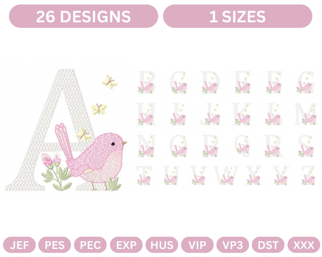 26 - Type , Bird Alphabet Machine Embroidery Design,- 1 Size ,instant ...